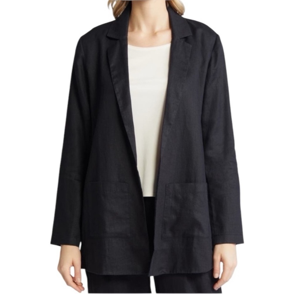 Eileen Fisher Black Notch Linen Longline Open Front Blazer
